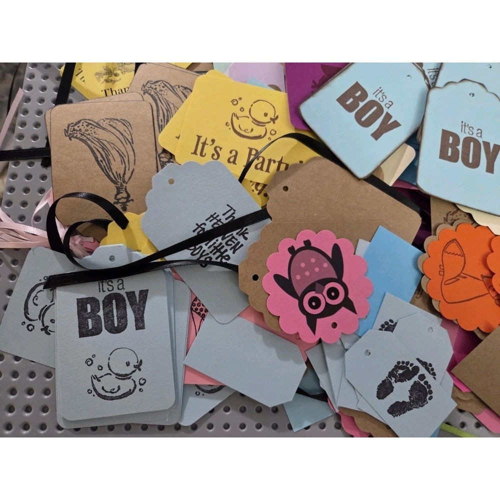 Announcement Gift Tags Some with String Mixed Stamped Designs Baby Shower - Picture 5 of 7